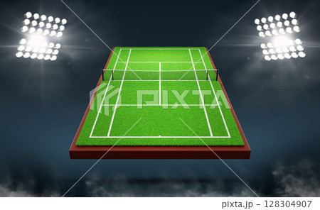 3d tennis court stadium at night with spotlights. Green field outdoor with net, grass texture, white lines and floodlights on dark blue background. Empty sport arena for tournament. 3D illustration 128304907