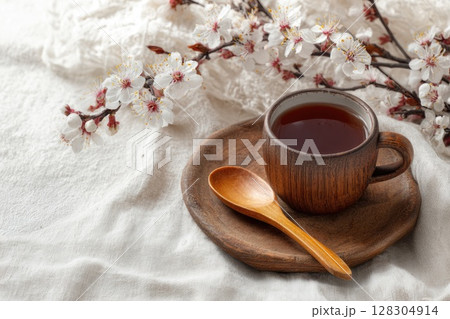 Cup of tea on a wooden plate, with a wooden spoon and white flowers in bloom Cup of tea on a wooden plate, with a wooden spoon and white flowers in bloom 128304914