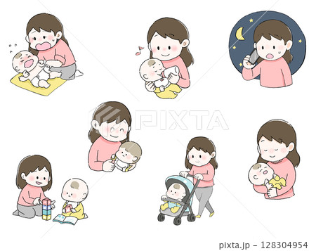 育児をするお母さん 赤ちゃんのお世話をするママのイラストセット ベビーカーや寝かしつけ 育児をするお母さん 赤ちゃんのお世話をするママのイラストセット ベビーカーや寝かしつけ 128304954