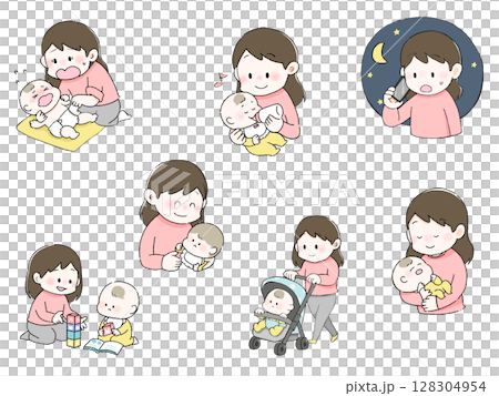 Mother raising a child Illustration set of mother taking care of baby Stroller and putting to sleep 128304954