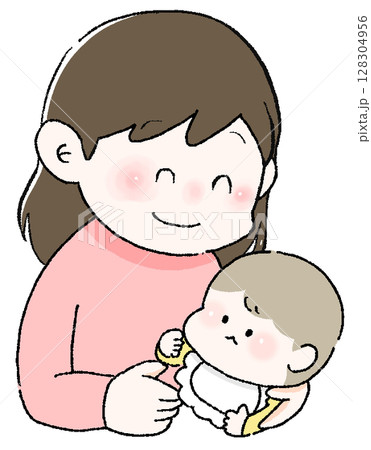 赤ちゃんに話しかけるお母さんのイラスト ママが赤ちゃんを抱っこするイラスト 128304956