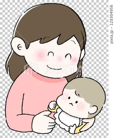 赤ちゃんに話しかけるお母さんのイラスト ママが赤ちゃんを抱っこするイラスト 128304956