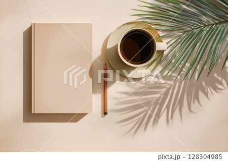 Top view of a flat lay mockup, a blank hardcover notebook on a beige table with a coffee cup Top view of a flat lay mockup, a blank hardcover notebook on a beige table with a coffee cup 128304985