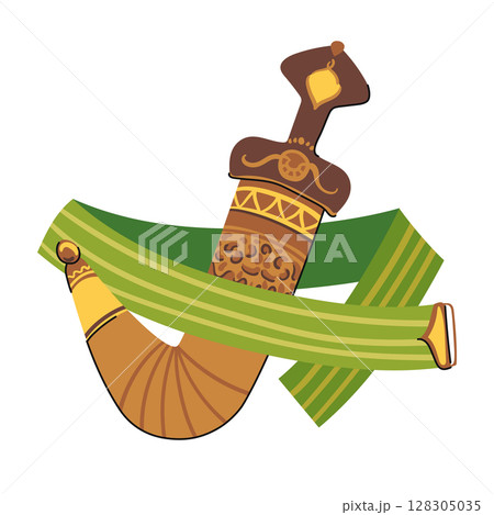 Yemeni Khanjar knife with characteristic curved blade and leather sheath. Traditional element of male costume in Oman. Vector Arabic dagger Jambiya and embroidered belt. Flat style. 128305035