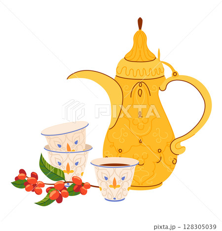 Traditional Arabic coffee pot Dallah, coffee branch and cups with ornament. Symbol of Middle Eastern hospitality. Antique copper pot common in Yemen, Oman, Qatar. Vector illustration in flat style. 128305039