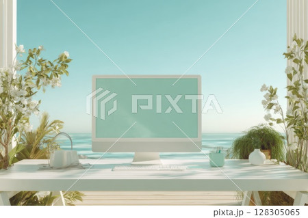 Front view of a computer with a blank screen on a white desk 128305065