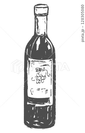 Wine bottle isolated on white background. Vector sketch, vintage. Hand drawn ink and brush. Quick drawing for menu, design, label. 128305080