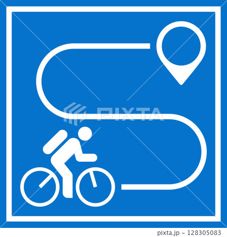 Bicycle trail sign. Way with point to point. Map with cyclist route. Bike and pin. Bicycle trail sign. Way with point to point. Map with cyclist route. Bike and pin. 128305083