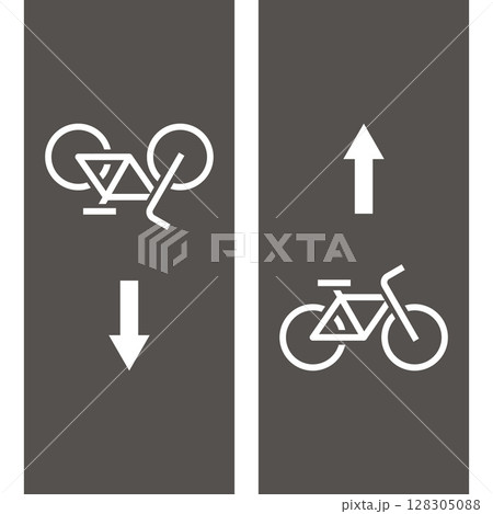 Two way bicycle road markings, city street symbols. Bike lane direction sign, bike area icon, bicycle zone symbol, road marking. 128305088