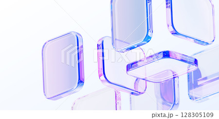 Pastel light 3d background with glass holographic transparent square plate shapes render. Abstract geometric block pattern with rainbow color gradient. Futuristic digital tech banner. 3D illustration 128305109