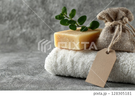 spa composition with natural soap and an empty tag on a grey background 128305181