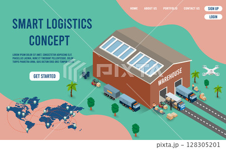 Global logistics solutions landing page concept with Smart Logistics, Business logistics, Warehouse Logistic, Online delivery, Export and Import.  128305201