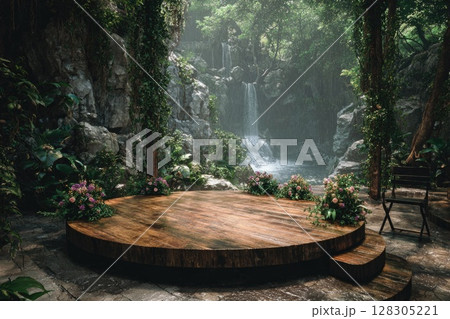 A tropical rainforest with waterfalls and greenery stage background A tropical rainforest with waterfalls and greenery stage background 128305221