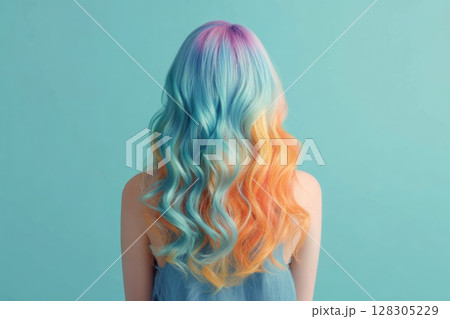 Woman with pastel purple and orange hair Woman with pastel purple and orange hair 128305229