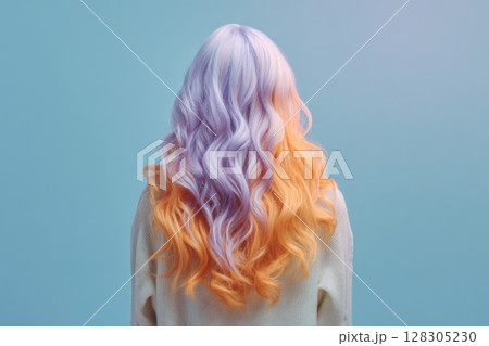 Woman with pastel purple and orange hair Woman with pastel purple and orange hair 128305230