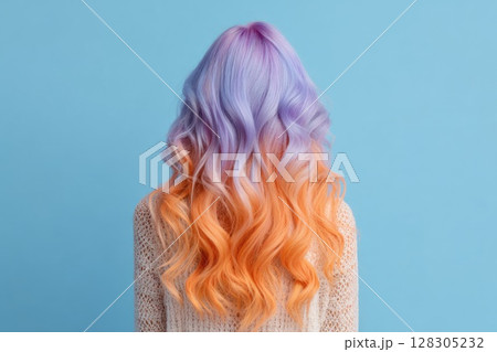Woman with pastel purple and orange hair 128305232