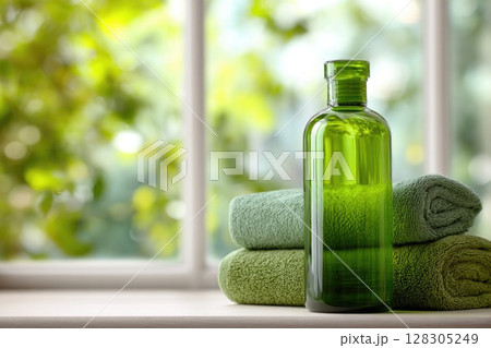 spa concept with natural soap and body lotion bottles on a soft pastel green towel. spa concept with natural soap and body lotion bottles on a soft pastel green towel. 128305249