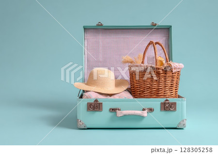 open suitcase with beach accessories summer. open suitcase with beach accessories summer. 128305258