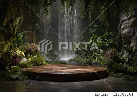 A tropical rainforest with waterfalls and greenery stage background 128305261