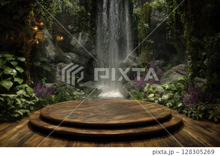 A tropical rainforest with waterfalls and greenery stage background 128305269
