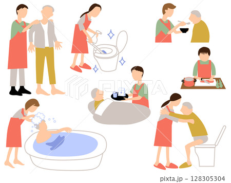 高齢者を介護するホームヘルパーのイラストセット 高齢者を介護するホームヘルパーのイラストセット 128305304