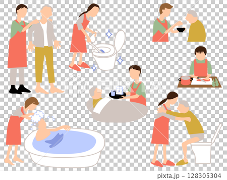 高齢者を介護するホームヘルパーのイラストセット 高齢者を介護するホームヘルパーのイラストセット 128305304