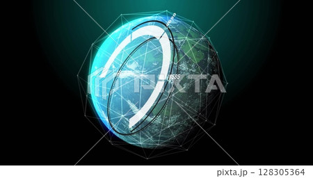 Image of digital globe with futuristic data and geometric shapes surrounding it 128305364