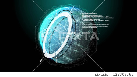 Image of digital globe with futuristic data and geometric shapes surrounding it Image of digital globe with futuristic data and geometric shapes surrounding it 128305366