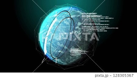 Image of digital globe with futuristic data and geometric shapes surrounding it 128305367
