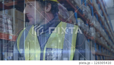 Image of statistics and financial data processing over man working in warehouse 128305410