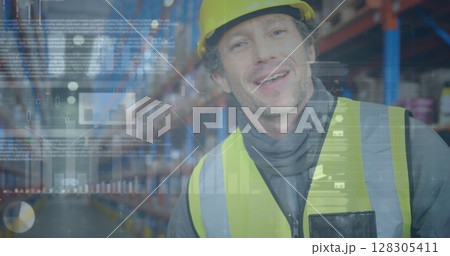 Image of statistics and financial data processing over man working in warehouse 128305411