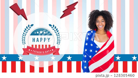 Image of happy fathers day text and woman american flag Image of happy fathers day text and woman american flag 128305460