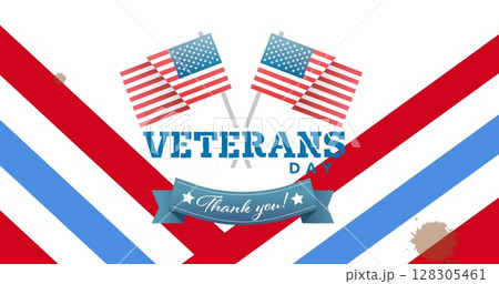 Image of veterans day thank you text over american flag stripes 128305461