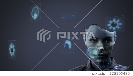 Image of digital icons and data processing over woman looking at camera Image of digital icons and data processing over woman looking at camera 128305480