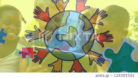 Image of globe with hands logo colorful puzzle pieces over happy playing children Image of globe with hands logo colorful puzzle pieces over happy playing children 128305502