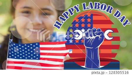 Image of happy labour day text with hand holding wrench over smiling child and american flag Image of happy labour day text with hand holding wrench over smiling child and american flag 128305516