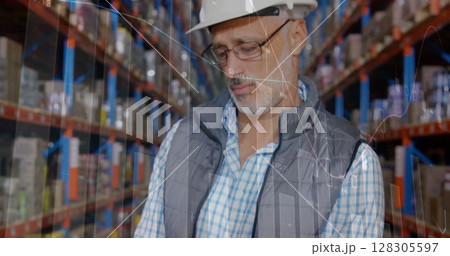 Image of data processing over man working in warehouse 128305597