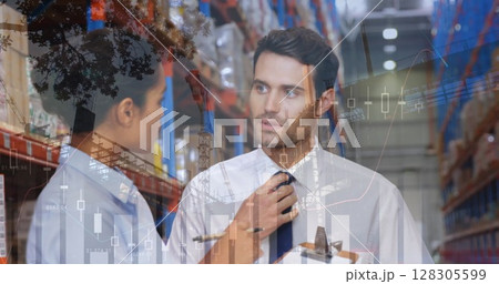 Image of data processing over people working in warehouse Image of data processing over people working in warehouse 128305599
