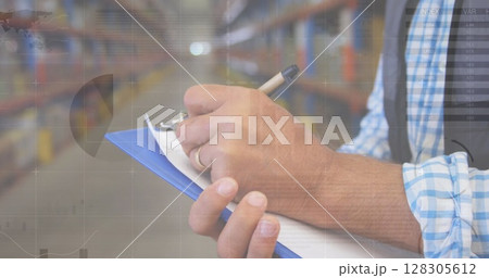 Image of data processing over man working in warehouse 128305612
