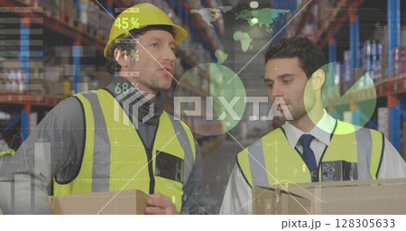 Image of data processing over people working in warehouse Image of data processing over people working in warehouse 128305633