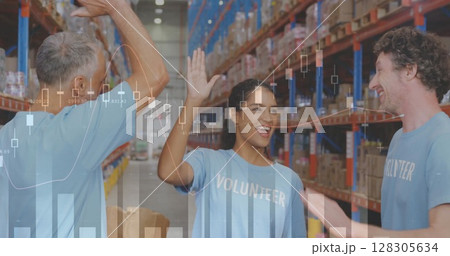 Image of data processing over people working in warehouse Image of data processing over people working in warehouse 128305634
