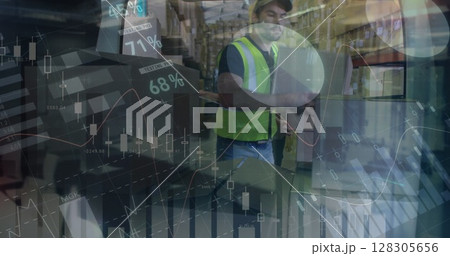 Image of data processing over man packing boxes into car 128305656