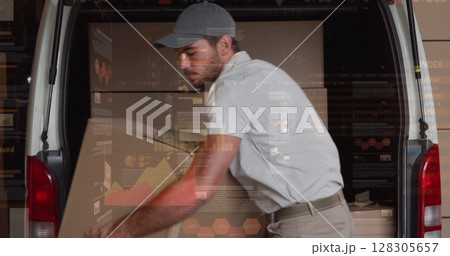 Image of data processing over man packing boxes into car 128305657