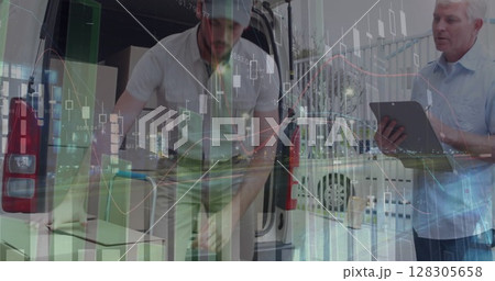 Image of data processing over man packing boxes into car 128305658