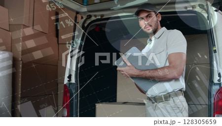 Image of data processing over man packing boxes into car 128305659