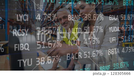 Image of data processing over people working in warehouse Image of data processing over people working in warehouse 128305666