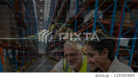 Image of data processing over people working in warehouse 128305669