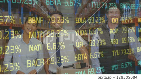 Image of stock market over people working in warehouse 128305684