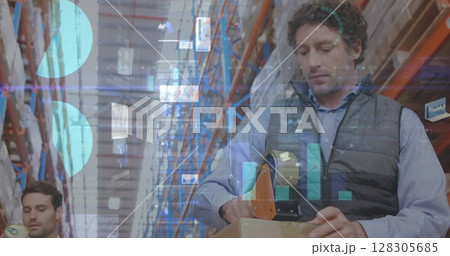 Image of data processing over people working in warehouse 128305685