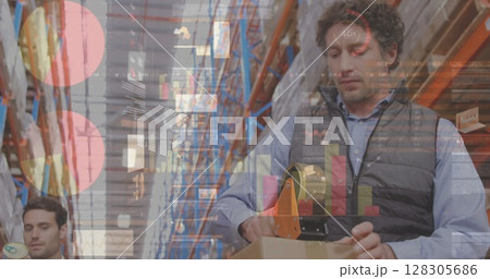 Image of data processing over people working in warehouse 128305686